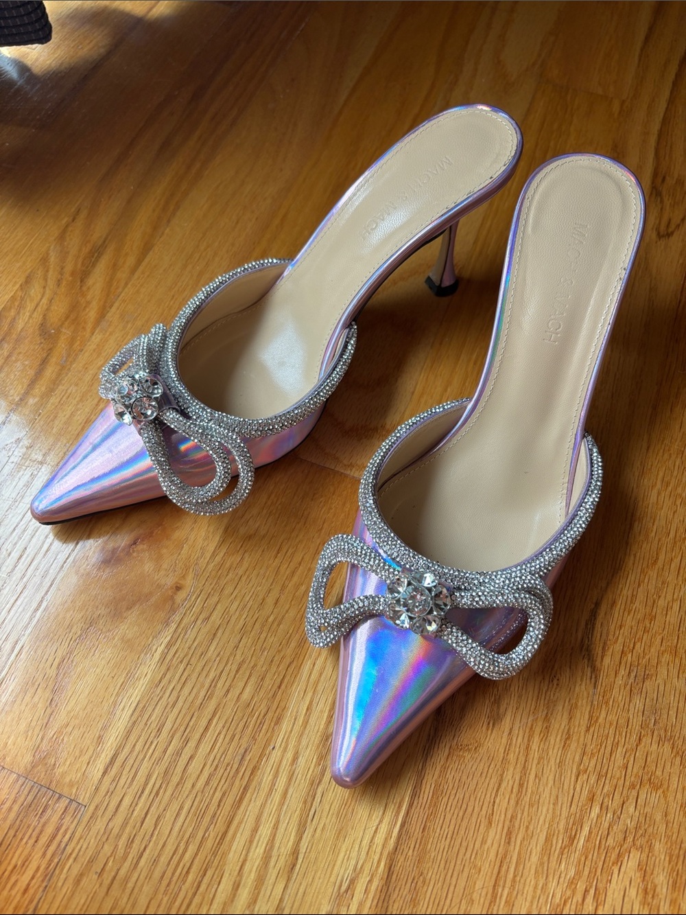 Mach & Mach Double Bow Crystal Embellished Leather Mules Iridescent Pink